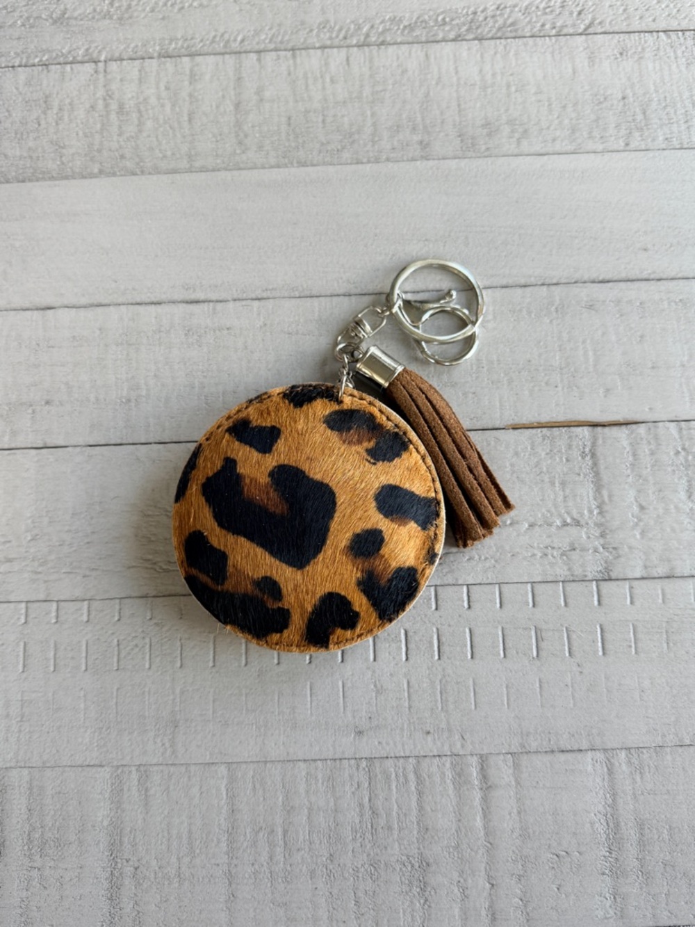 Leopard Print Round Cowhide Keychain with Tassel - Brown/Black